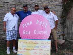 Samantha Reed/The Intelligencer
The Pink Ball Charity Golf Classic presented a donation cheque at the Rattan Barn in Corbyville for the Canadian Cancer Society's Hastings-Prince Edward County & Brighton Community Office. (Left to right) Wayne Warner, Brad Warner, Tyler Earl and Jamie Chisholm were at Friday's event to speak about the importance of supporting the Canadian Cancer Society.