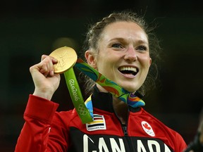 Rosie MacLennan of Canada wins gold in the trampoline competition during the Rio Olympics in Rio de Janeiro, Brazil, on Friday, Aug. 12, 2016. (Dave Abel/Toronto Sun/Postmedia Network )