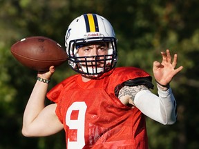 Edmonton Wildcats quarterback Justin Swedish gets set to throw the ball at practice on Friday, July 29, 2016. The Wildcats open their PFC season on Saturday against the Calgary Colts at Clarke Stadium.