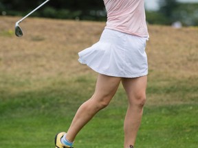 Christina Devine tees off during the Regimbal Media Challenge. (Errol McGihon, Ottawa Sun)