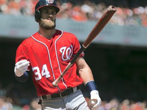 Bryce Harper flips his bat after striking out in a recent game. The Nationals superstar is just not squaring up to pitches the way he is used to and it has sent his AVG plummeting this season. (AP)