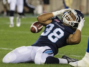 The Toronto Argonauts Declan Cross and the his team fall to the Winnipeg Blue Bombers  on Aug. 12, 2016 at BMO Field. (Craig Robertson/Toronto Sun)