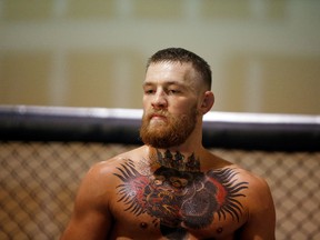 FC Featherweight Champion Conor McGregor trains during an open workout at his gym on August 12, 2016 in Las Vegas, Nevada. McGregor is scheduled to fight Nate Diaz in a welterweight rematch at UFC 202: Diaz vs. McGregor 2 on August 20, 2016 in Las Vegas.  (Isaac Brekken/Getty Images)