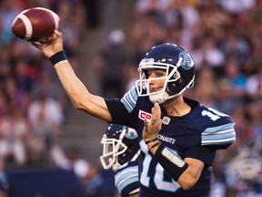 Toronto Argonauts quarterback Logan Kilgore passes the ball against the Winnipeg Blue Bombers during first half CFL football action in Toronto on Friday, August 12, 2016. (THE CANADIAN PRESS/Nathan Denette)