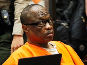Lonnie Franklin Jr., a convicted serial killer known as the "Grim Sleeper," is sentenced in Los Angeles Superior Court, Wednesday, Aug. 10, 2016. Franklin was sentenced to death for 10 Los Angeles murders that spanned decades. (Al Seib/Los Angeles Times via AP, Pool)