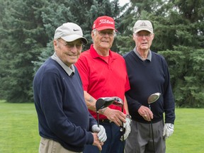 Three men shot their age at Victoria golf course. One is rare. All three in the same group on the same day is astronomical. They are Wayne Omath, 73,  Larry Thibodeau, 77,  and Doug Campbell, 84. (Shaughn Butts)