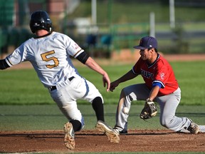 Porspects baserunner Tony Olson tries to steal second base during Saturday's loss to the Swift Current Indians at the former Telus Field. (Ed Kaiser)