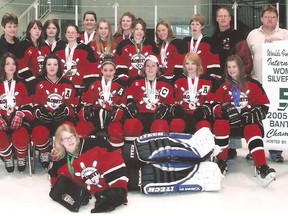 The 2006 bantam Sailorettes were the first Goderich women’s team to win a provincial or North American Silver Stick championship. Back row, left to right, Christine McWhinney (trainer), Kelsey Dougherty, Kayla McWhinney, Laura Smith, Kaitlyn Gravett, Kelsey Johnston, Jacklyn Kernighan, Justine Hart, Shawna Popp, Katelyn Little, Bill Peters (assistant coach), Tom Vance (manager) and Gary Gravett (coach). Front ro, left to right, Rachel Sowerby, Nicole Sowerby, Dru Austin, Shannon Vance, Danielle Bean, Kaity Peters and Jenessa Dalton (goalie). Missing: Joyce Bean (trainer). (Contributed photo)
