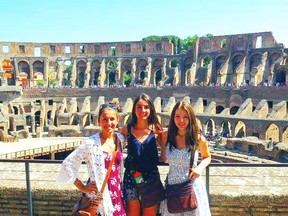 As part of the Avon Maitland District School Board's Experience the World Trip to Italy from July 3-24, West Perth's Lindsay Harmer (left), Arly Mitchell and Erin McIntosh had the chance to tour famous Italian sites such as the Collosseum. SUBMITTED