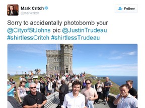 "This Hour Has 22 Minutes" star Mark Critch tweets a photo of himself photobombing Prime Minister Justin Trudeau while topless. (Twitter screenshot)