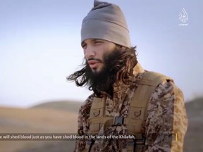 Foued Mohammed-Aggad, a Frenchman who was among the Islamic State fighters to attack Paris on Nov. 13, 2015, appears in an undated propaganda video. He had been among a group of 10 men from Strasbourg who joined the extremists in 2013, most of them acknowledging they knew little about Islamic Shariah law, according to documents obtained by The Associated Press. (militant video via AP)