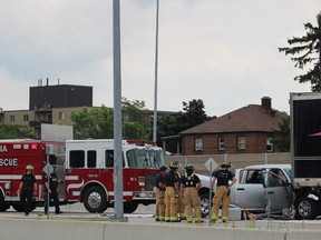 Sarnia firefighters and Lambton OPP responded to the scene of this crash on westbound Highway 402 near the Christina Street exit Monday afternoon. Barbara Simpson/Sarnia Observer/Postmedia Network