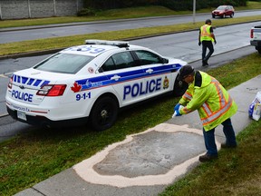 Crew from City of Ottawa's Roads Serivce clean up at the scene where one of two dogs were put down by the police near the intersection of Tenth Line Road and Charlemagne Boulevard in Orleans on Saturday, Aug. 13, 2016. JAMES PARK / POSTMEDIA