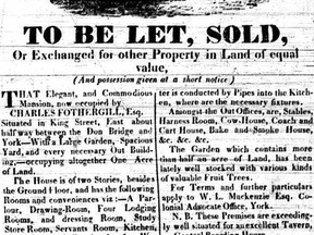 An early 1800s advertisement for the sale of Charles Fothergill’s Toronto home, after the English immigrant fell on tough times — again.