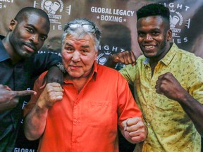 Fighters Denton Daley (left) and Sylvero Lous (right) pose with George Chuvalo during the announcement by Global Legacy Boxing in Toronto of the up-coming fight between the two on Monday August 15, 2016. (Dave Thomas/Toronto Sun/Postmedia Network)