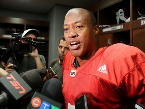 Ottawa Redblacks quarterback Henry Burris talks to the media about comments he recently made on TV after practice at TD Place Monday, August 15, 2016. (Julie Oliver/Postmedia)