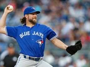Toronto Blue Jays starting pitcher R.A. Dickey throws during a game against the New York Yankees in New York, Monday, Aug. 15, 2016. (AP Photo/Kathy Willens)
