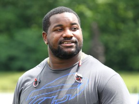 In this Aug. 1, 2016, file photo, Buffalo Bills' Marcell Dareus takes part in drills during NFL football training camp in Pittsford, N.Y. (AP Photo/Bill Wippert, File)