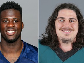 From left are 2016 file photos showing Dorial Green-Beckham of the Tennessee Titans NFL football team, and Dennis Kelly of the Philadelphia Eagles NFL team. (AP Photo/File)