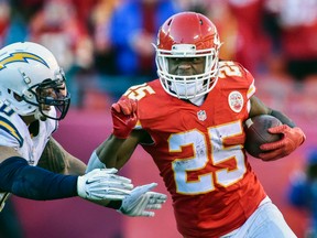 Kansas City Chiefs running back Jamaal Charles, seen in this file photo against the San Diego Chargers, practiced for the first time Tuesday since being hurt last season. (AP Photo/Reed Hoffmann, File)