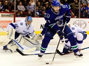 Vancouver Canucks forward Radim Vrbata plays the puck in front of Tampa Bay Lightning goaltender Andrei Vasilevskiy during the first period at Rogers Arena on Jan. 9, 2016. (Anne-Marie Sorvin/USA TODAY Sports)