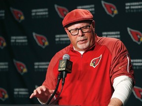 Arizona Cardinals head coach Bruce Arians speaks to the media during a news conference Sunday, Dec. 27, 2015, in Glendale, Ariz. (AP Photo/Rick Scuteri)