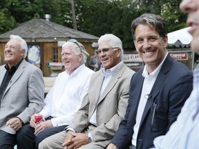 Maple Leafs president Brendan Shanahan (right) had a busy day Tuesday, meeting with free agent Jimmy Vesey in Boston before returning to Toronto to attend a charity event with (from left) Phil Esposito, Brian Burke, and Rick Vaive. (Stan Behal/Toronto Sun)