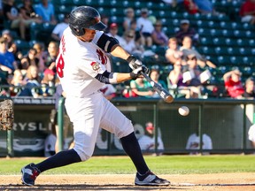 Winnipeg Goldeyes' Carlton Tanabe smacked a two-run single in the bottom of the sixth against right-hander Mark Hamburger, en route to a 11-9 come-from-behind victory over the St. Paul Saints at Shaw Park in Winnipeg on Tuesday, August 16, 2016 in the completion of a game suspended on July 20, 2016. The Goldeyes also won the second game of the doubleheader 5-3.
DAN LEMOAL/Winnipeg Goldeyes