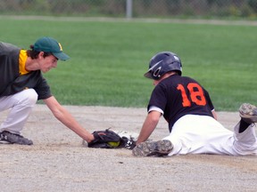 Fullarton Midget shortstop Nic McLellan (left) makes the tag just a second too late to nab this Burgessville runner at second base during action from the North Waterloo Rural Softball League playoff championship tournament Saturday, Aug. 13 in Paris. ANDY BADER/MITCHELL ADVOCATE