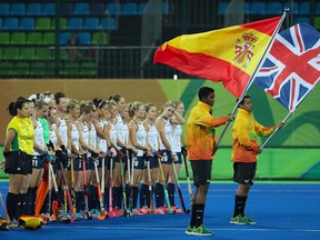 Great Britain stands for the national anthems before the quarterfinal hockey game against Spain on Day 10 of the Rio 2016 Olympic Games at the Olympic Hockey Centre on August 15, 2016 in Rio de Janeiro, Brazil.  (Photo by Christian Petersen/Getty Images)