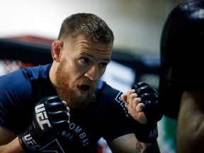 UFC featherweight champion Conor McGregor trains during an open workout at his gym on August 12, 2016 in Las Vegas. (Isaac Brekken/Getty Images)