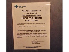 Orders to vacate were posted on some units in the MacDonald Lofts on 105 Avenue in Edmonton this week after a health inspection by Alberta Health Services discovered bed bug and cockroach infestations, along with unsanitary conditions and needed repairs.