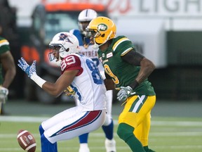 Patrick Watkins was a thorn in Montreal receiver Duron Carter's side during last Thursday's game at Commonwealth Stadium. (The Canadian Press)