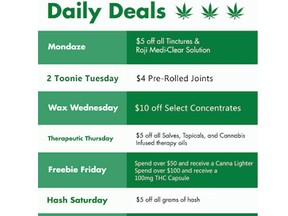 The website Canna Clinic, a marijuana dispensary in Toronto, lists an assortment of daily deals.