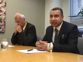 Dr. Martin Mark, director Office of Refugees at the Archdiocese of Toronto, and Rev. Majed El Shafie, founder of One Free World International, urge the federal government to act fast in resettling hundreds of Yazidi girls and women who escaped sex slavery in northern Iraq, Aug. 17, 2016 in Toronto. (Maryam Shah/Toronto Sun)