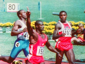 Ben Johnson crosses the finish line first in the 100-metres in Seoul, Korea Sept 24, 1988. (Stan Behal/Toronto Sun)