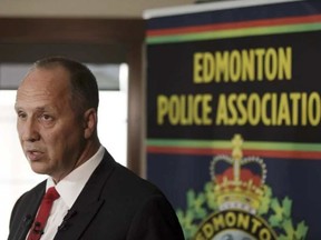 Edmonton Police Association president Maurice Brodeur speaks about the results of a survey of a member survey of Edmonton Police Service officers that shows a "culture of fear" in Edmonton, on Tuesday. IAN KUCERAK