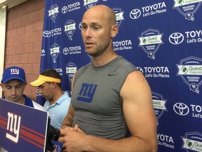 New York Giants kicker Josh Brown speaks with reporters at NFL football training camp, Thursday, Aug. 18, 2016, in East Rutherford, N.J. (AP Photo/Tom Canavan)