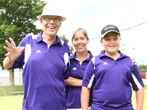 The lawn bowling champions of the Art and Mary Finlayson Memorial Anniversary pose August 17. From the left is Jack McIntosh, Julie Fowler and 11-year-old, Jack Fowler.(Shaun Gregory/Huron Expositor)