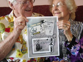 Gerry and Mickey Costello, and the cover of his new book, Sentimental Journey, a memory of Port Stanley and the Stork Club, which Costello managed.