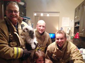 Members of Ottawa Fire Services pose with three young girls and their dog, Luna, shortly after freeing the dog from a sink drain.