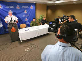 Owen Sound Police Chief Bill Sornberger addresses the media at a news conference on Friday morning at the Owen Sound police station. (James Masters The Sun Times)