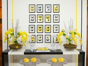 This wall project consists of 16 black frames ($1.25 each), one roll of self-adhesive butterflies ($2), four packs of 3D chrome butterflies ($2 each) and a $1 sheet of yellow card.