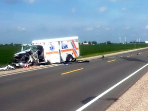 A head-on two vehicle crash killed the lone driver of a minivan that collided with an ambulance on Highway 40 north of Chatham Friday morning. The lone driver of the ambulance was transported to hospital with non-life threatening injuries. Chatham-Kent OPP closed the highway between Dover Centre Line and Bush Line for several hours as the OPP Technical Traffic Collision Investigators remained on scene. (Handout)