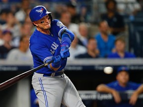Troy Tulowitzki of the Toronto Blue Jays hits a three run home run during the sixth inning of a game against the New York Yankees at Yankee Stadium on August 16, 2016. (Rich Schultz/Getty Images)