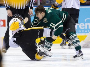 London Knights forward Owen MacDonald and Sarnia Sting forward Devon Paliani fight during their OHL hockey game at Budweiser Gardens in London, Ont. on Sunday February 7, 2016. (CRAIG GLOVER, The London Free Press)