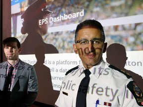 Supt. Chad Tawfik, right, and EPS Strategic Analyst Cal Schafer announced the launch of an online dashboard that provides detailed crime statistics and performance data for the public, a first of its kind for a Canadian policing agency. LARRY WONG/Postmedia