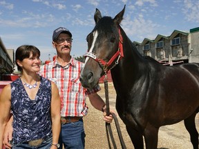 Trainers Amber Meyaard and Jim Meyaard prepare Ready Intaglio at Northlands Racetrack on Tuesday Aggust 16, 2016. The horse will be competing at The Canadian Derby at Northlands Racetrack in Edmonton on August 20, 2016.