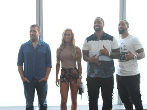 WWE stars Daniel Bryan, Carmella and Jey, left, and Jimmy Uso inside the One World Observatory at the rebuilt One World Trade Center in New York City on Saturday. (George Tahinos/SLAM! Wrestling)