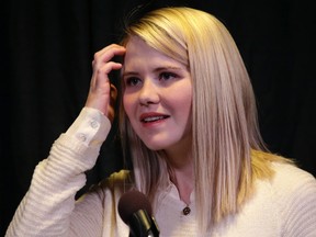 In this April 24, 2015 file photo, Elizabeth Smart looks on during a news conference  in Sandy, Utah.  Smart says pornography led to her captor raping her more than he already did in the nine months she was held. Smart made the remarks in a video posted Friday, Aug. 19, 2016  by Fight the New Drug, an anti-pornography advocacy group. Smart was taken from her Salt Lake City home in 2002 at the age of 14. (AP Photo/Rick Bowmer)